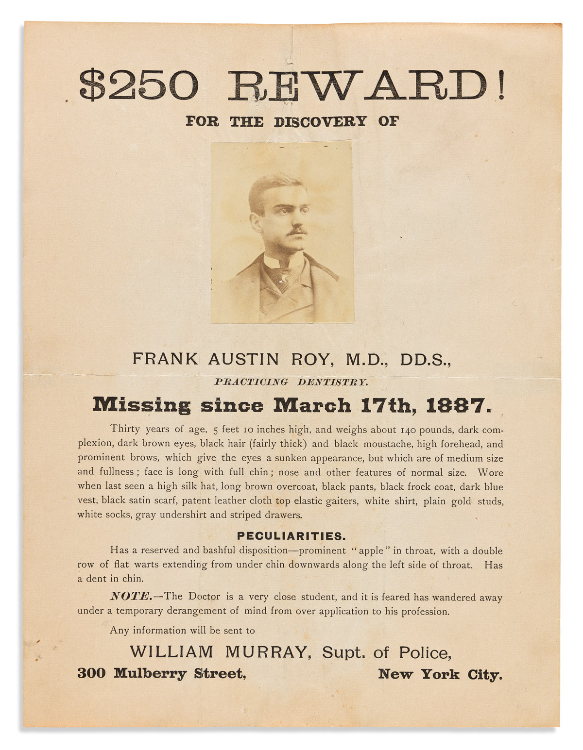 Reward Poster, Missing Dentist. $250 Reward! for the Discovery of Frank Austin Roy, M.D., DD.S., Practicing Dentistry.